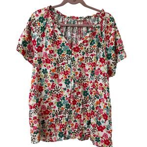 Easel LA Womens Size 3X Floral Button Down Short Sleeve Shirt Ruffle Cottagecore